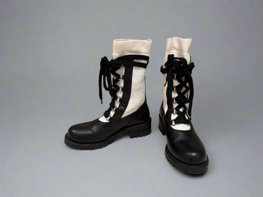 Christian Dior Black Leather & White Knit Lace-Up Combat Boots, Size 38 – Luxury Designer Footwear with Strap Details