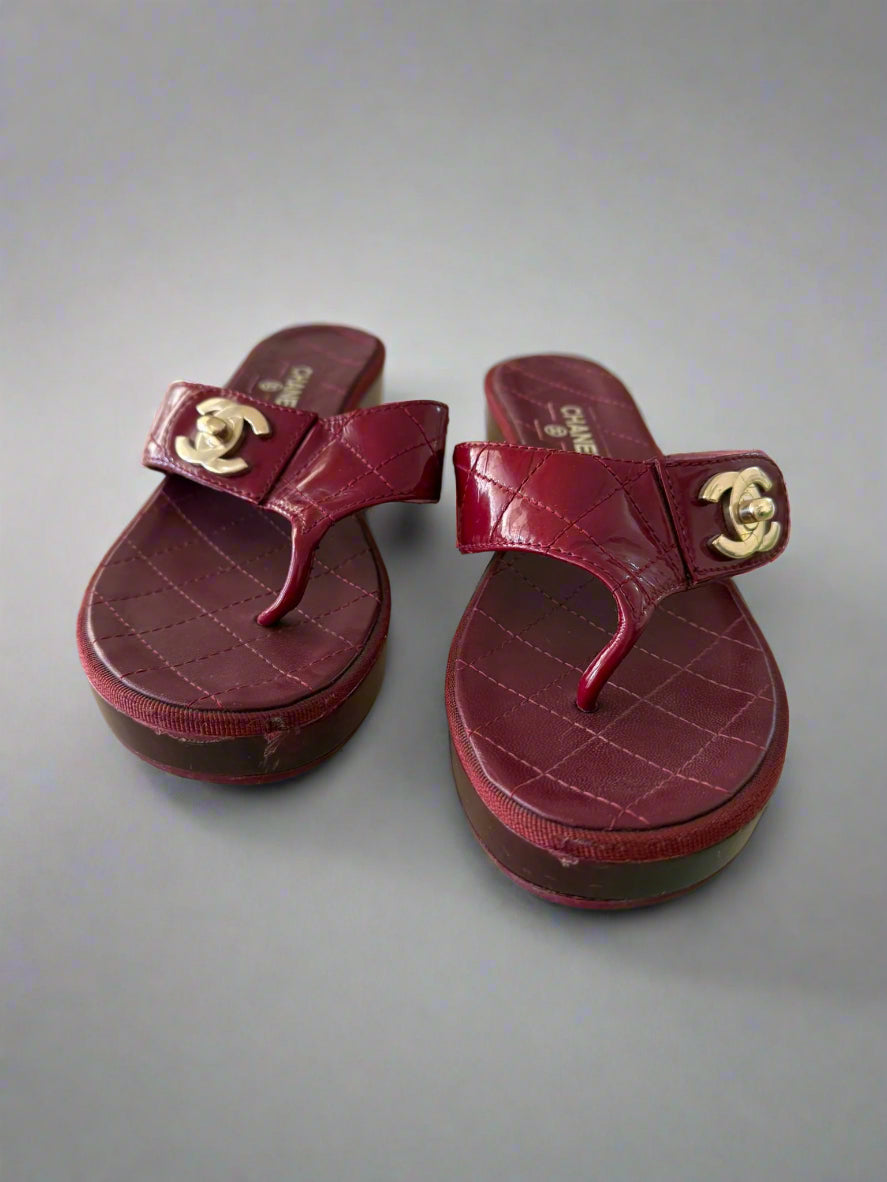 CHANEL Burgundy Leather Platform Sandals – Size 38.5, Made in Italy