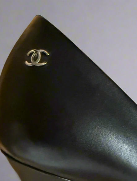 CHANEL Black Leather Pearl Heel Pumps (Size 38.5) | Authentic & Like New