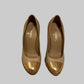 Authentic CHANEL Beige Metallic Gold Leather Cap Toe Chain Pumps IT 38.5 C Excellent Condition