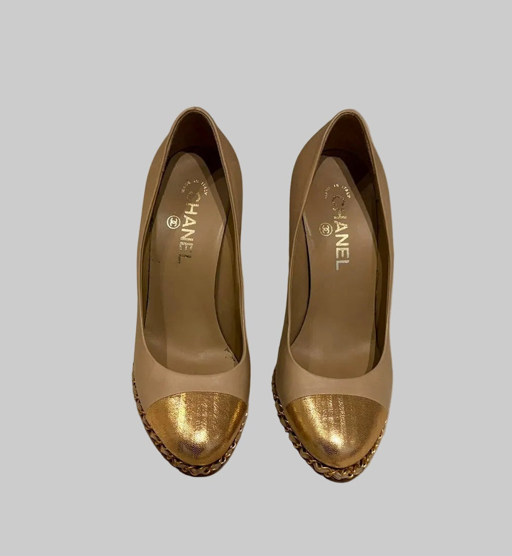 Authentic CHANEL Beige Metallic Gold Leather Cap Toe Chain Pumps IT 38.5 C Excellent Condition
