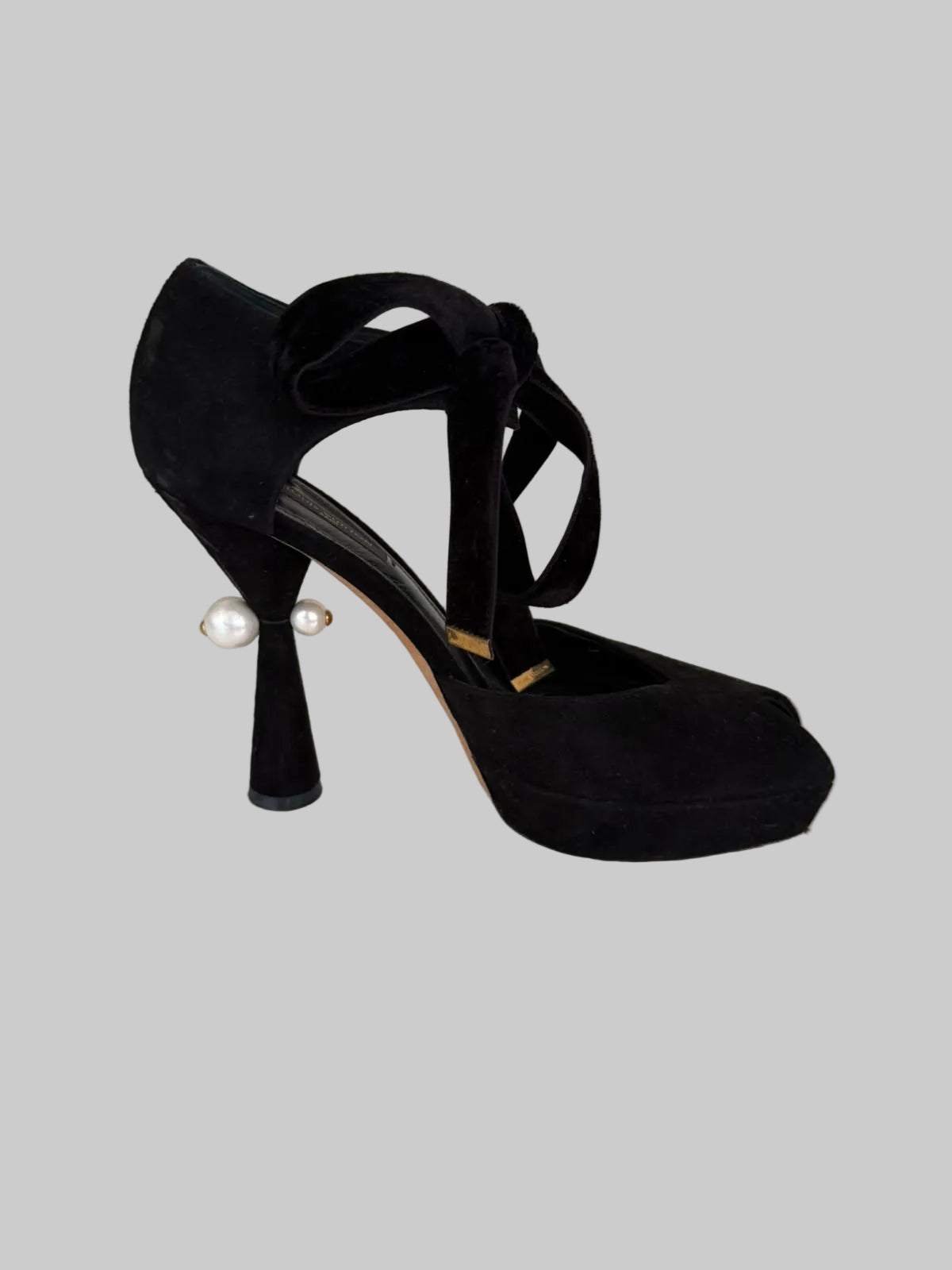 Authentic LOUIS VUITTON black suede pearl heel platform pumps with velvet ankle ties