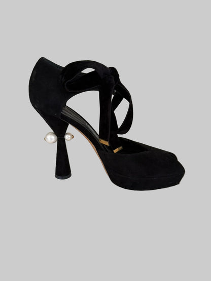 Authentic LOUIS VUITTON black suede pearl heel platform pumps with velvet ankle ties