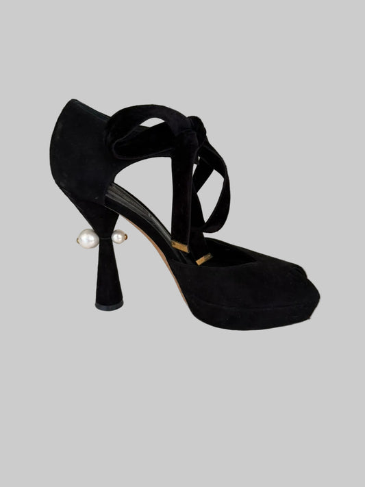 Authentic LOUIS VUITTON black suede pearl heel platform pumps with velvet ankle ties