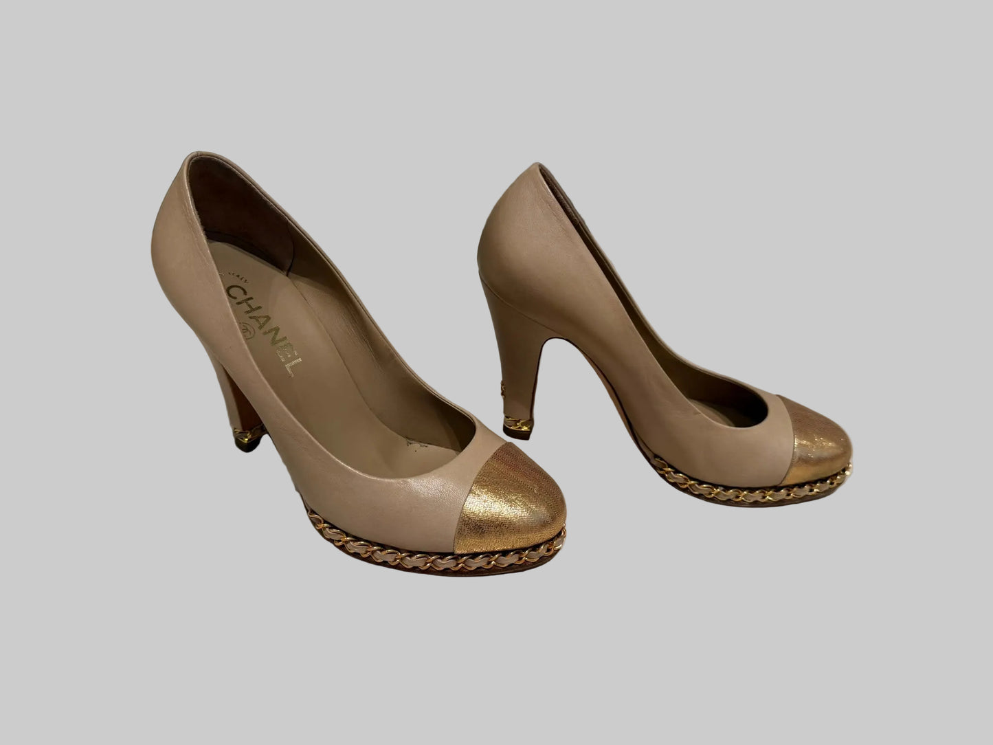 CHANEL Beige Gold Leather Cap Toe Chain Pumps 