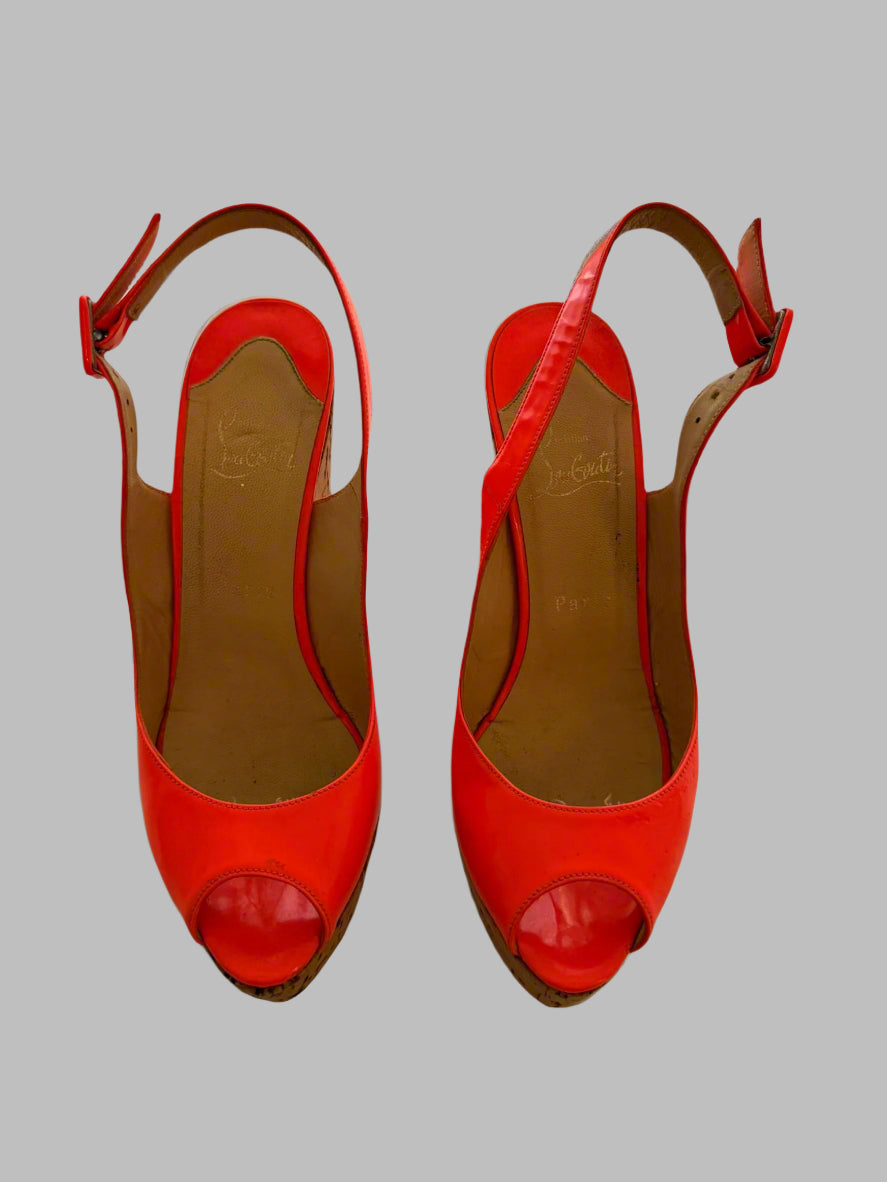 CHRISTIAN LOUBOUTIN Neon Orange Leather Une Plume Cork Wedge Platform Peep Toe Slingback Sandals Size 38