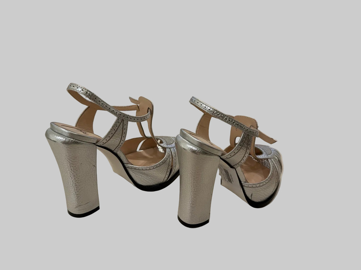 Fendi silver platform sandals size 37.5, rear side view with visible scuffs