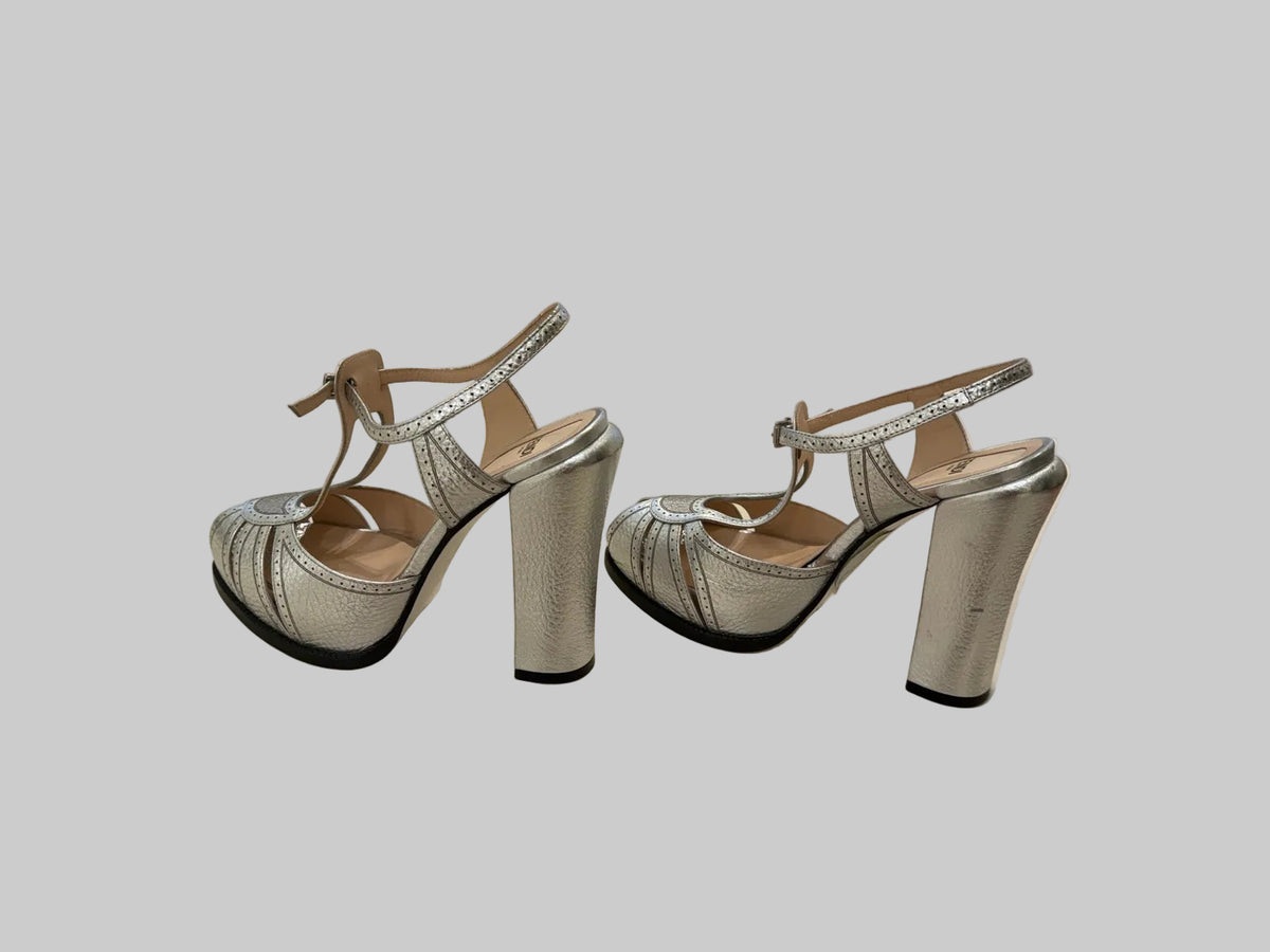 Fendi silver platform sandals size 37.5, side profile and block heels