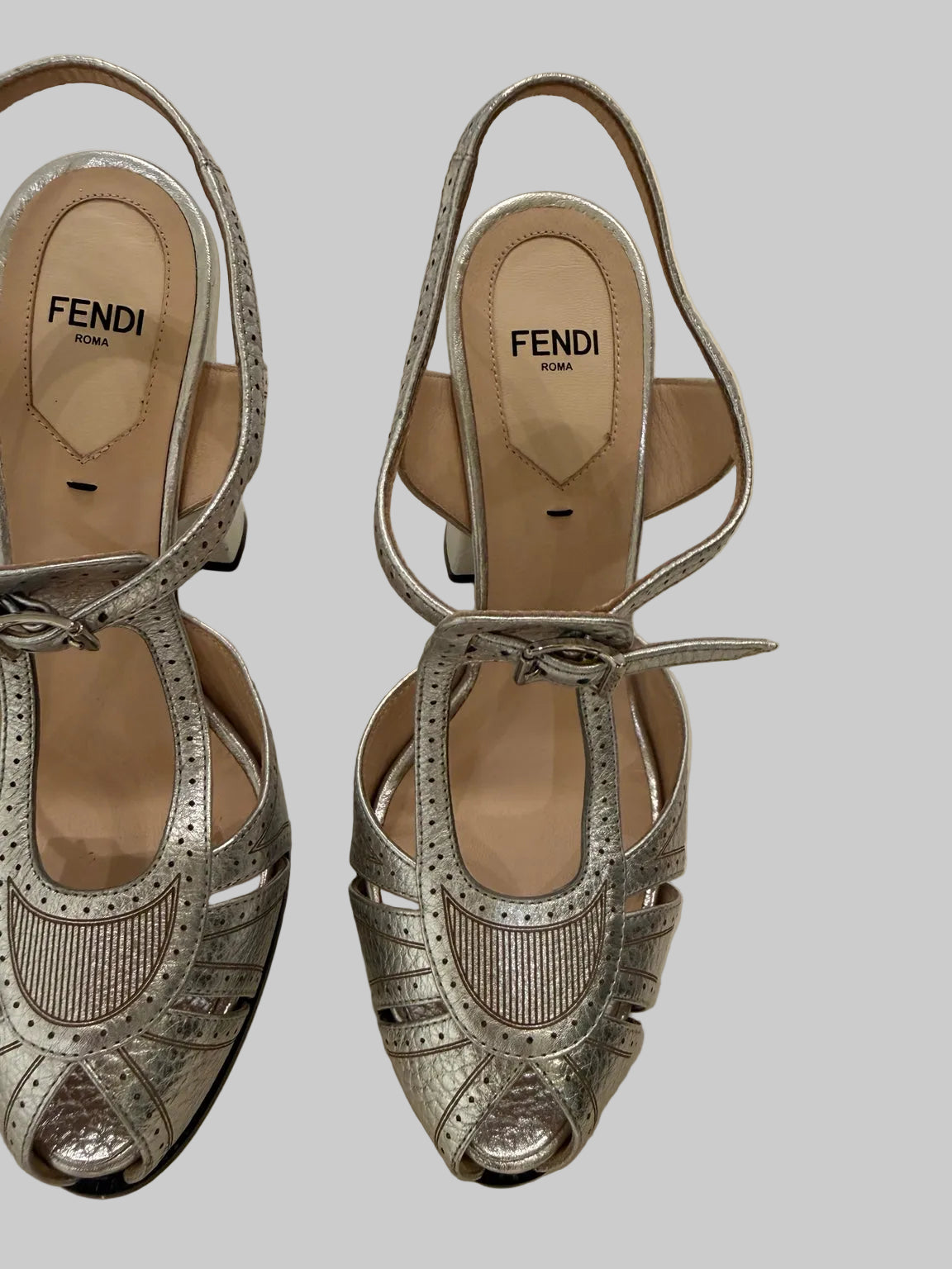 Fendi silver platform sandals size 37.5, branded insoles with visible black marks