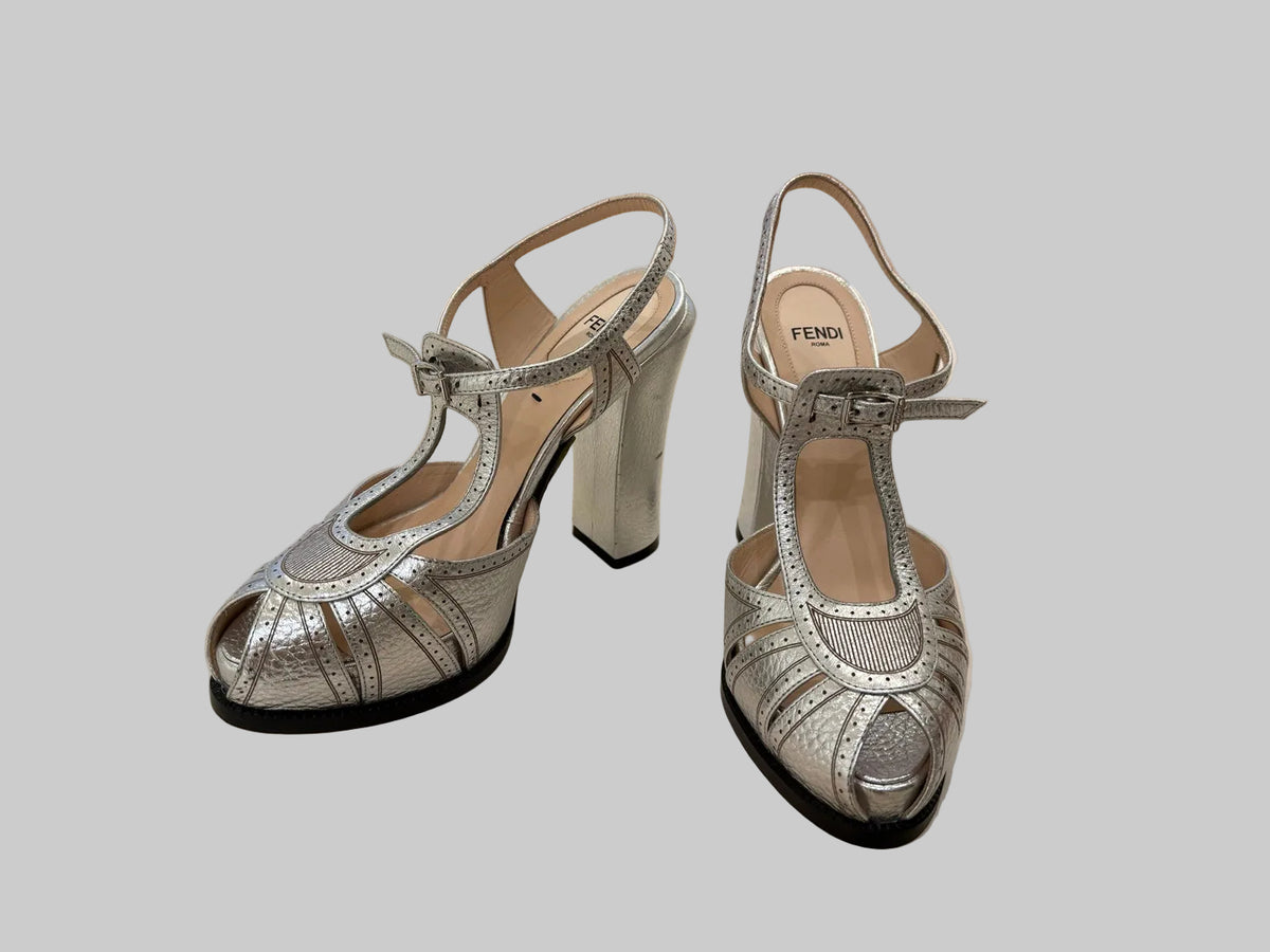 Fendi silver T-strap platform sandals size 37.5, front three-quarter view