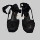 LOUIS VUITTON black suede pearl heel platform pumps with velvet ankle ties