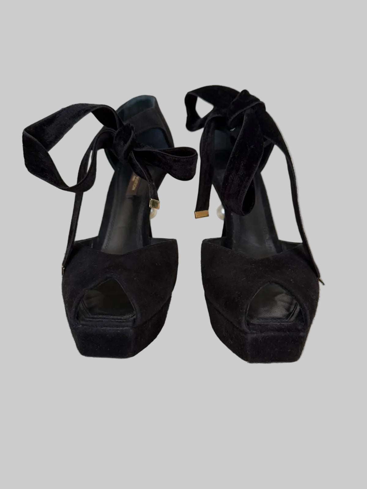 LOUIS VUITTON black suede pearl heel platform pumps with velvet ankle ties