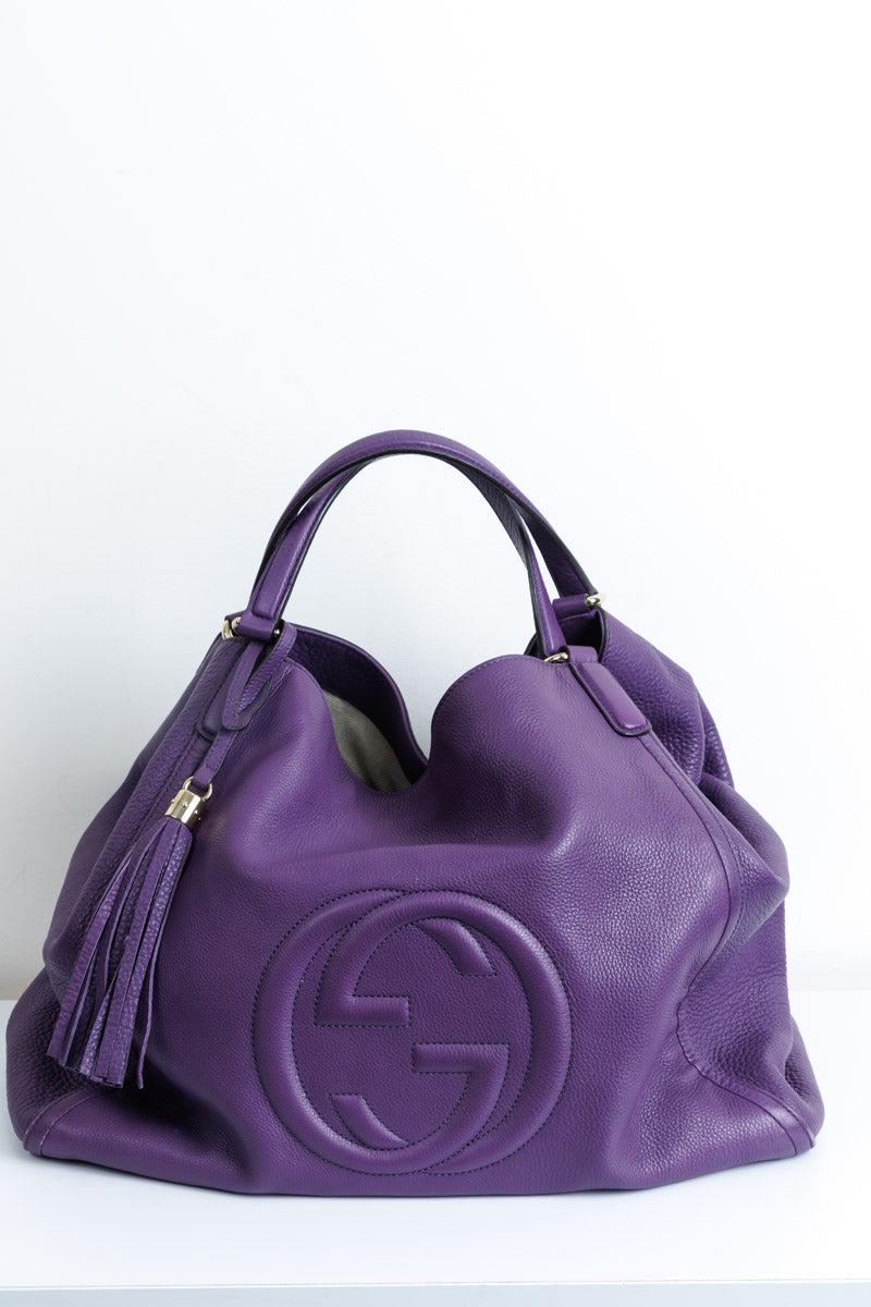 GUCCI Purple Pebbled Leather Medium Soho Tote Signature GG Design InFashionForever