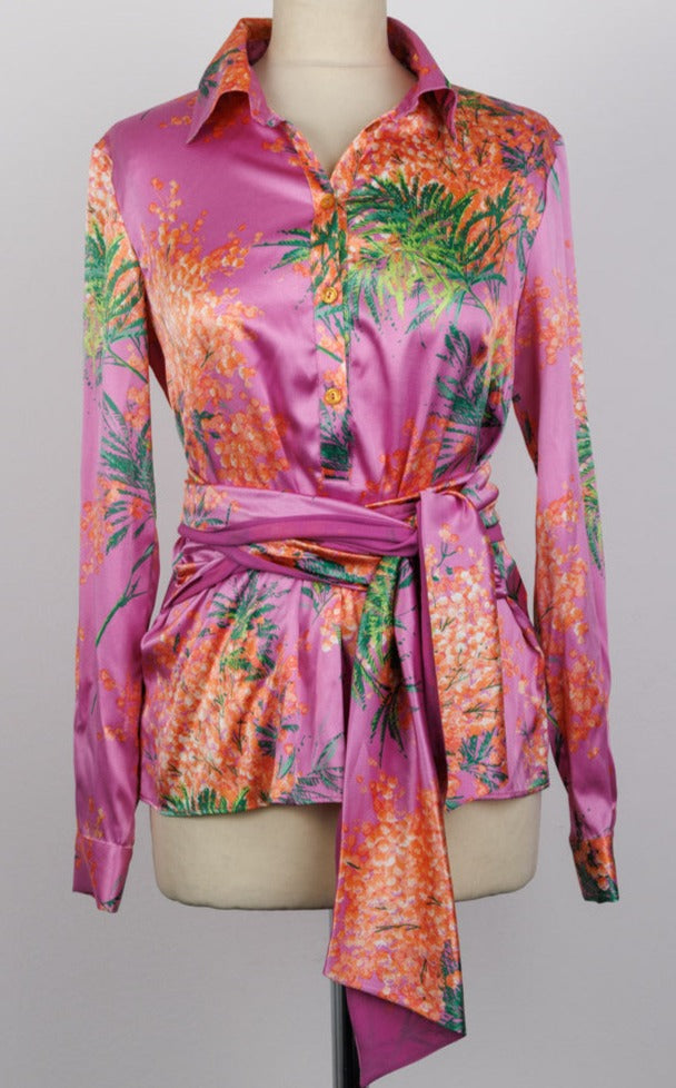 BLUMARINE Floral Pink Silk Kimono Shirt with Kimono Belt