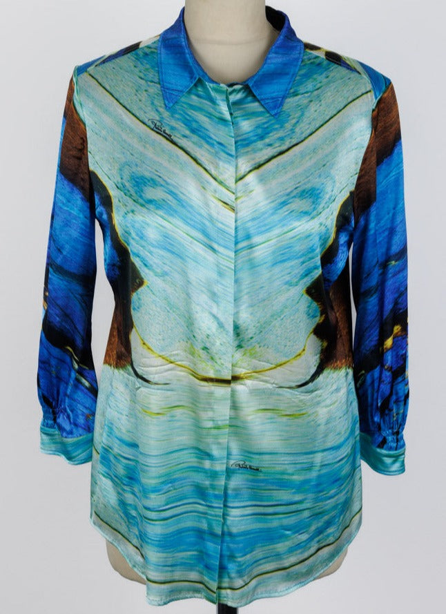 ROBERTO CAVALLI Blue Silk Printed Blouse