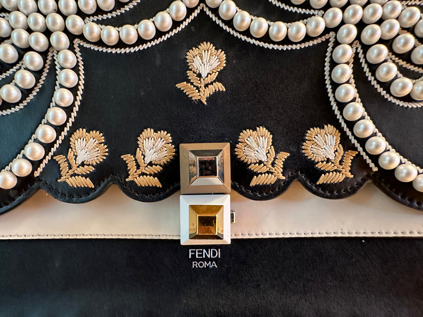 FENDI Black Leather Shoulder Bag with Pearls