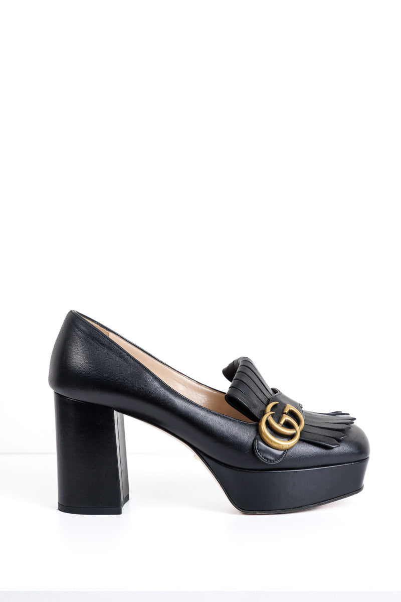 GUCCI Schwarze GG Marmont Fransen-Plattform-Loafer-Pumps aus Leder