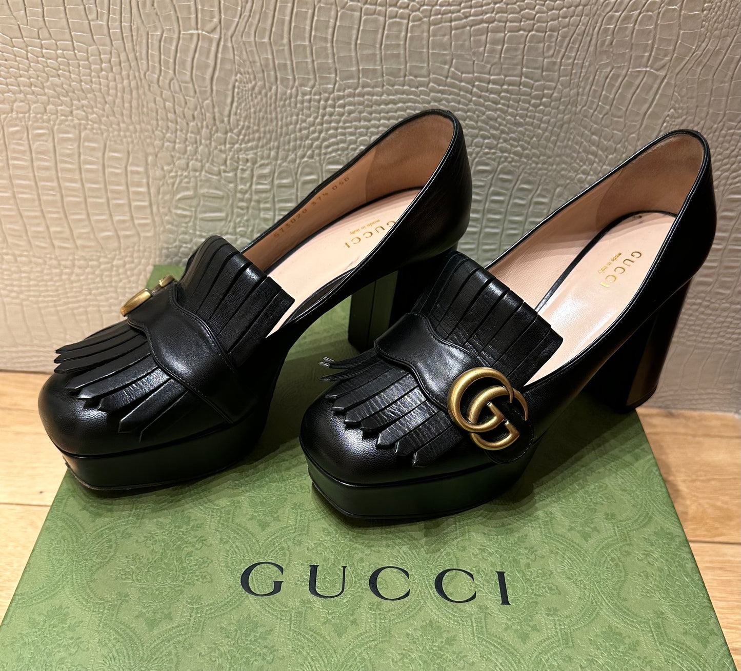 GUCCI Black Leather GG Marmont Fringe Platform Loafer Pumps | Size IT 37.5 | Very Good Condition | Made in Italy