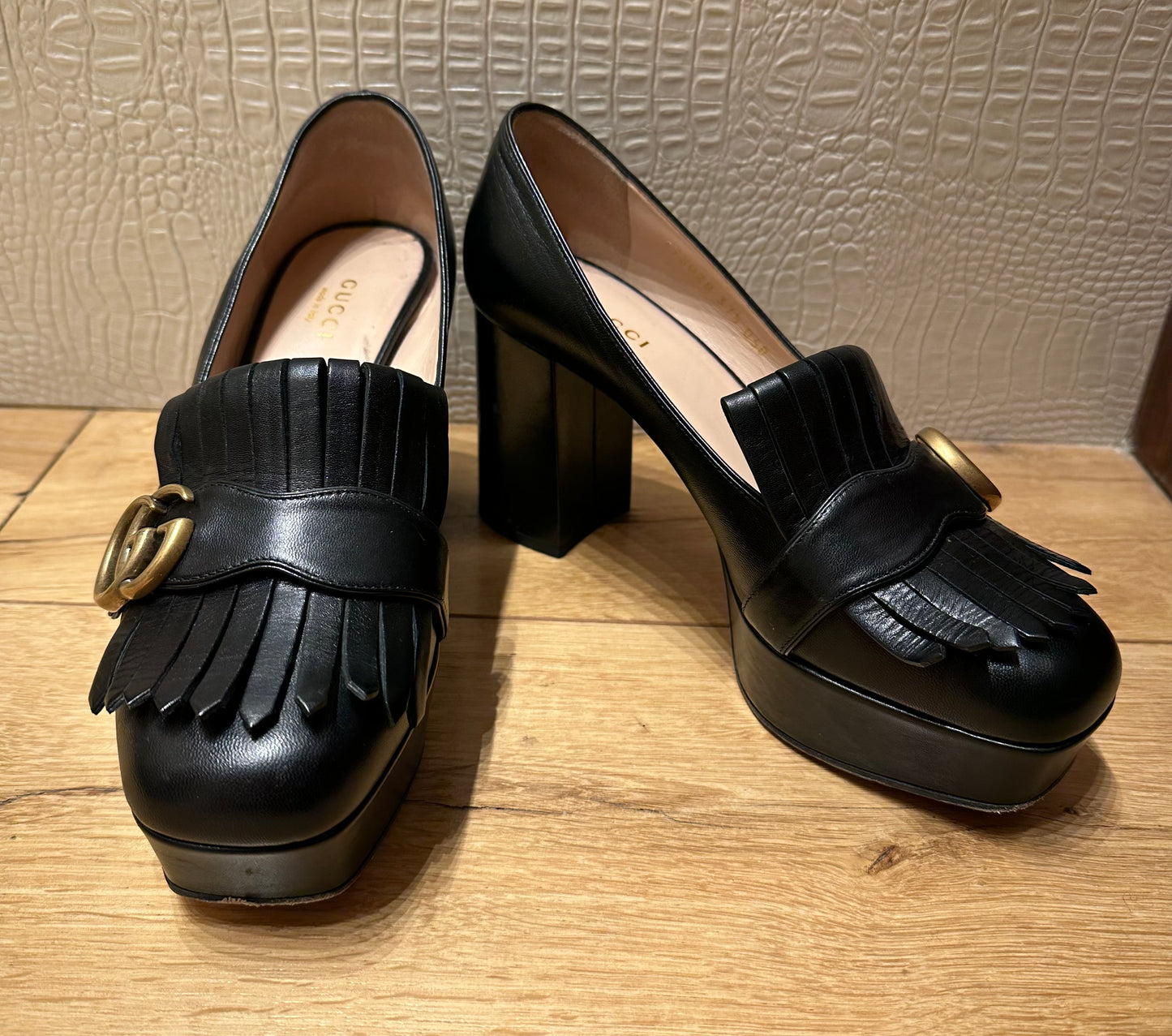 GUCCI Black Leather GG Marmont Fringe Platform Loafer Pumps