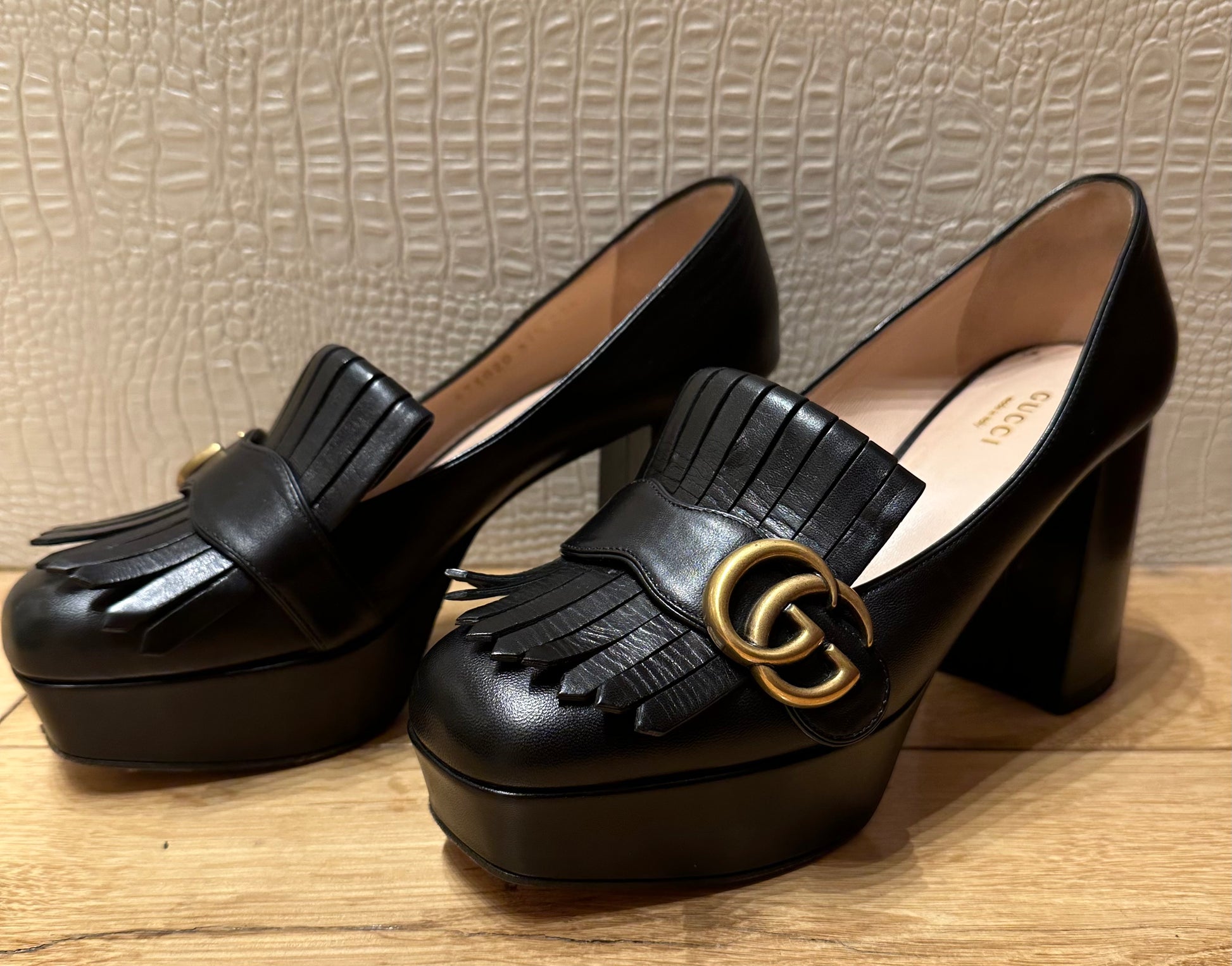 GUCCI Black Leather GG Marmont Fringe Platform Loafer Pumps | Size IT 37.5 | Very Good Condition | Made in Italy